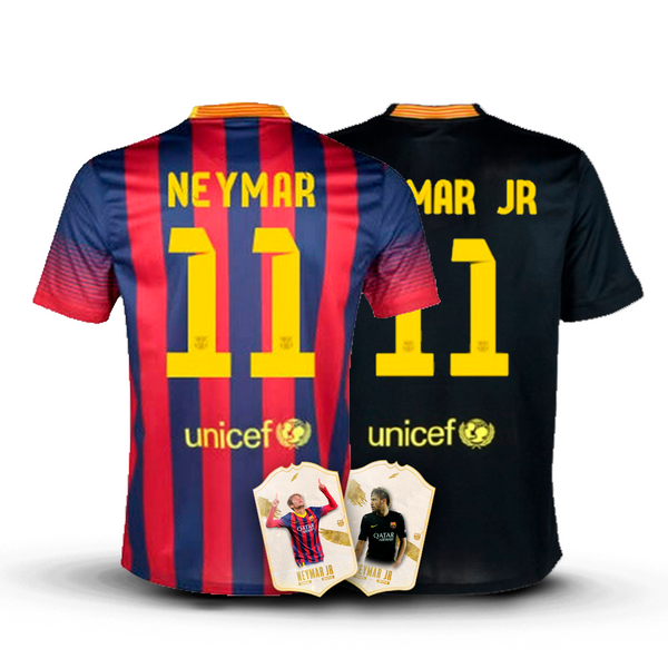 Combo Neymar 2014 - Camisa Barcelona Home 2013/14 + Patch La Liga + Barcelona Terceira 2013/14 + Patchs Champions League [Versão Retrô]